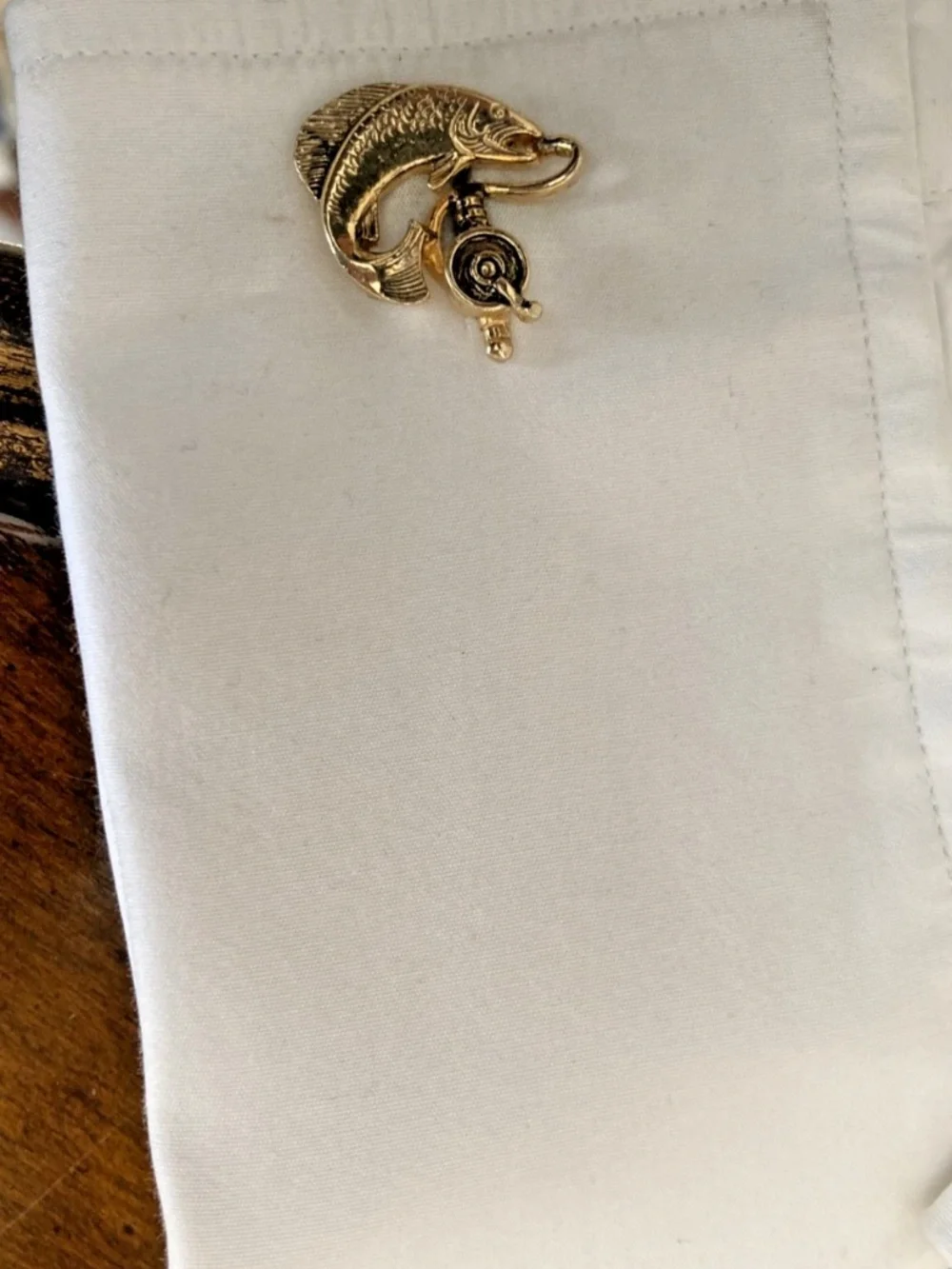 Vintage Anson Gold Tone Fish & Fishing Reel Cufflinks – PAT PEND – c. 1940s–1950